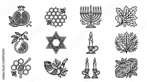 Bild auf Leinwand Jewish Holiday Symbols Icon Set - Pomegranate, Menorah, Shofar, Star of David, H