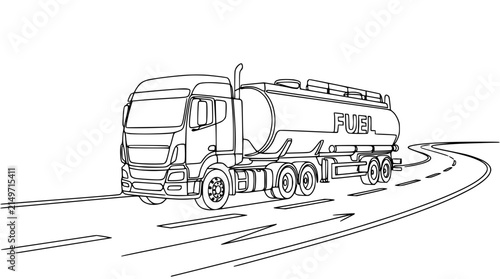 Fuel tanker truck on highway, line art illustration, transportation and logistics concept
