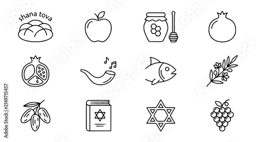 Rosh Hashanah Icons: Apple, Honey, Pomegranate, Shofar, Fish, Olive, Grapes, Torah