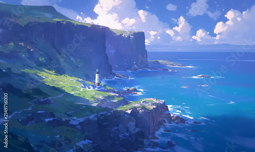 Lighthouse on steep sea cliff with bright stars over quiet night ocean