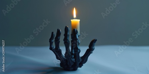 Spooky skeleton hand holding a glowing candle in dim light