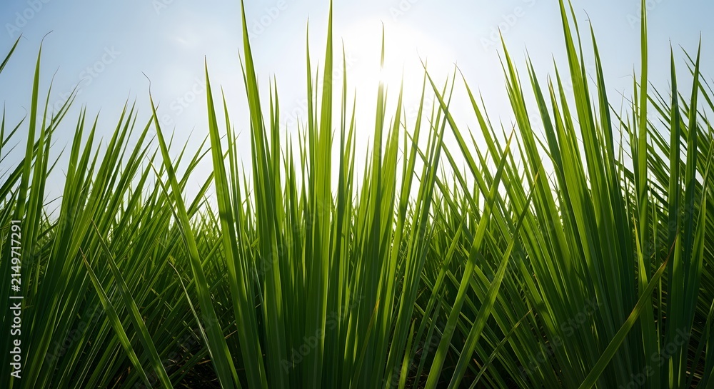 Obraz premium A low-angle shot of tall green grass blades reaching towards the bright sun in a blue sky.