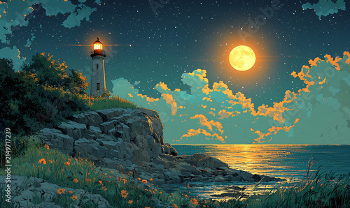 Lighthouse on grassy sea cliff under starry night sky with bright moon
