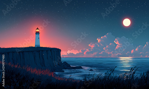 Lighthouse on grassy sea cliff under starry night sky with bright moon