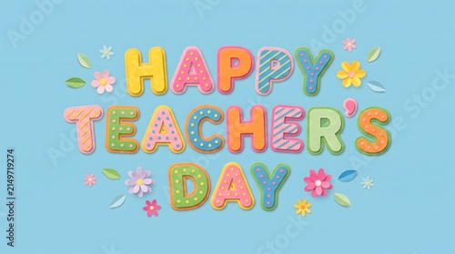 Happy teacher's day message crafted from colorful sugar frosted cookie letters on blue background