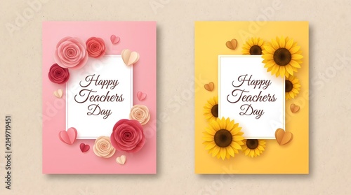 Happy teachers day card designs with roses and sunflowers illustration sunflowers greeting