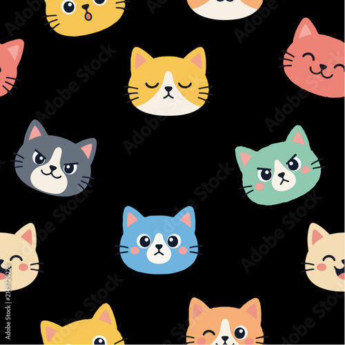 Cute Kawaii Cat Faces Seamless Pattern For Fabric And Wallpaper