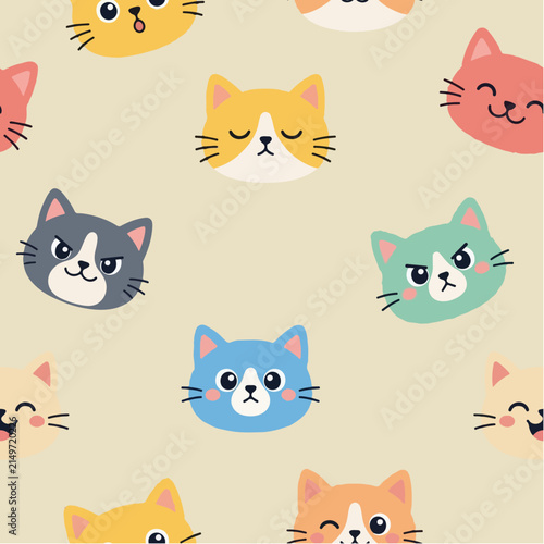 Cute Kawaii Cat Faces Seamless Pattern For Fabric And Wallpaper
