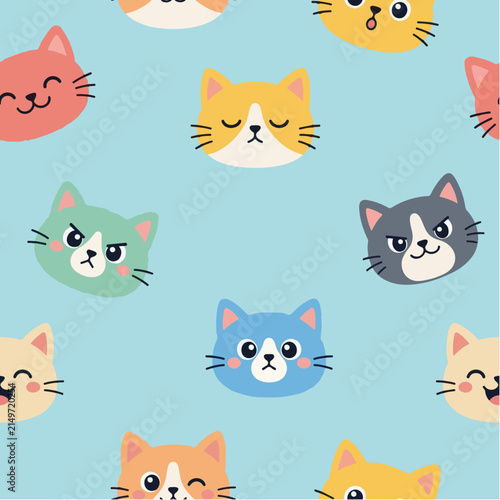 Cute Kawaii Cat Faces Seamless Pattern For Fabric And Wallpaper