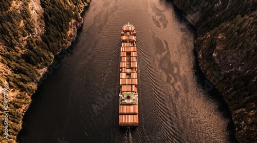Aerial view of a large cargo container ship navigating through a narrow mountain fjord with dark water and forested cliffs during sunset