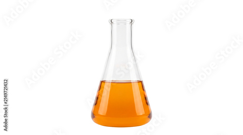 Fotografía Clear Glass Erlenmeyer Flask with Amber Liquid Isolated on Pure White Background