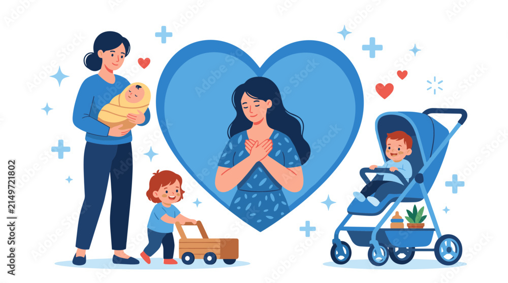 Fototapeta premium Mother with baby and toddler in modern design style showing love and care for her children