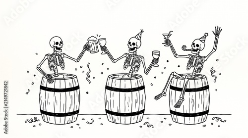 Skeleton Partying Skeletons Celebrating with Drinks and Barrels