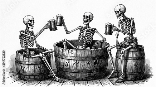 Skeletons Celebrating with Beer in Wooden Barrels Illustration