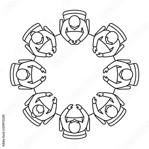 Top View Business Meeting Icon: People at Round Table Vector Illustration