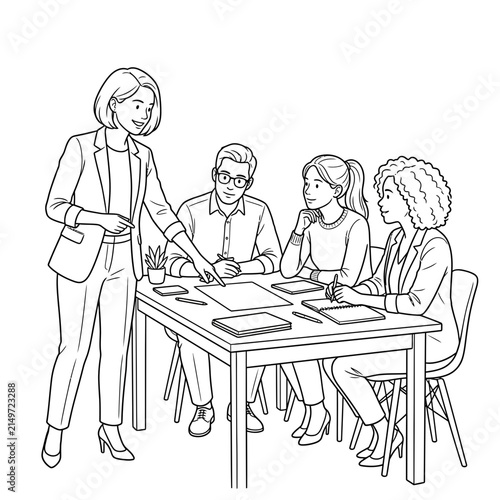 Business Team Collaboration and Presentation Line Art Illustration