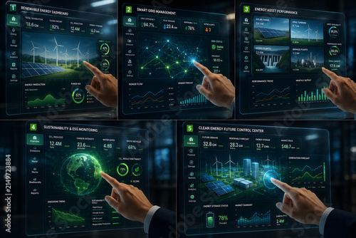 Futuristic ESG Clean Energy Dashboard Display Analytics Hand Touching Smart Grid Sustainability Control Panel
