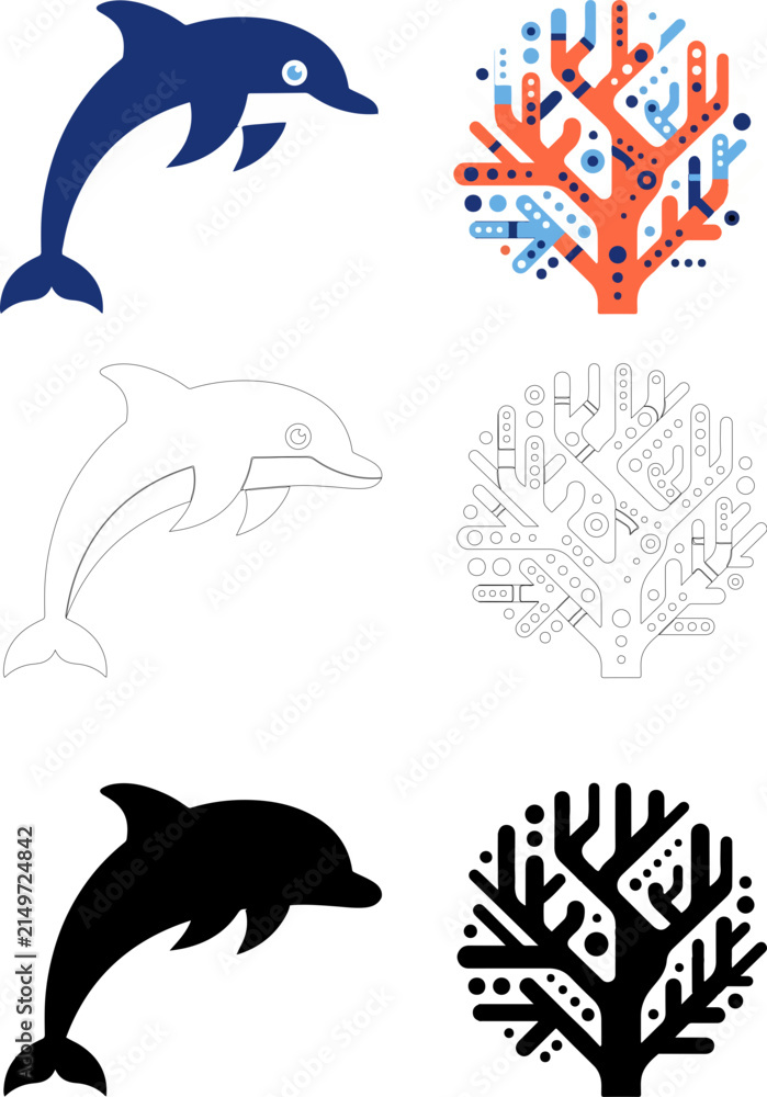 Fototapeta premium Dolphin and Coral Geometric Icons Vector Collection Set Design