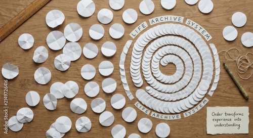 White Folded Paper Circles Arranged in Spiral Pattern on Wooden Surface