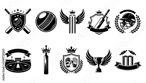 Cricket Logo Set Featuring Shield Emblems, Trophy, Bat, Ball, Gloves, and Laurel Wreaths in Black and White De