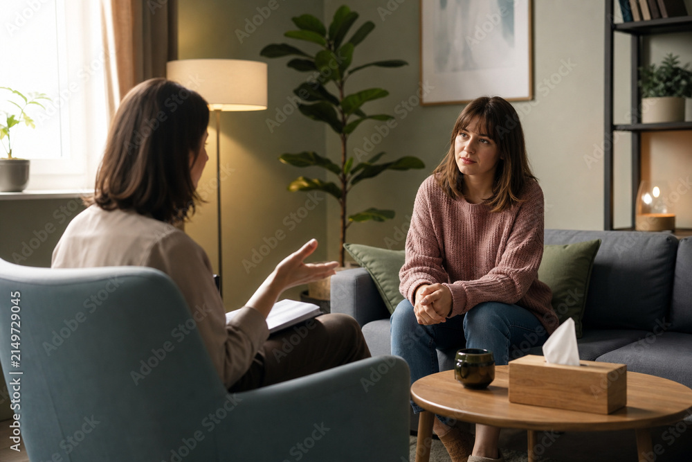 Naklejka premium Two women sit in a cozy livingroom during a therapy session, one speaking while the other listens. Warm lighting, soft furnishings, and a calm, supportive atmosphere.