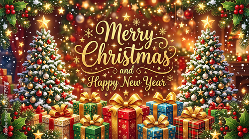 Colorful christmas gift box with holiday lights