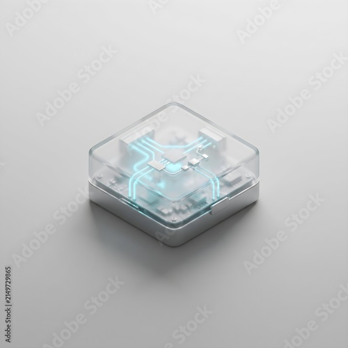 Square glass sensor box with glowing blue PCB circuit traces