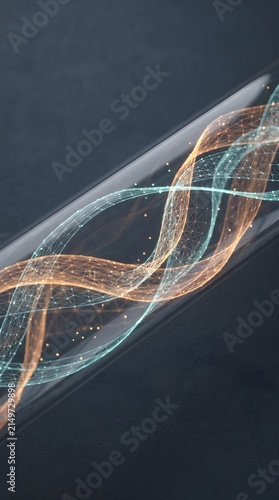 Glowing amber and cyan airflow mesh waves inside glass tube
