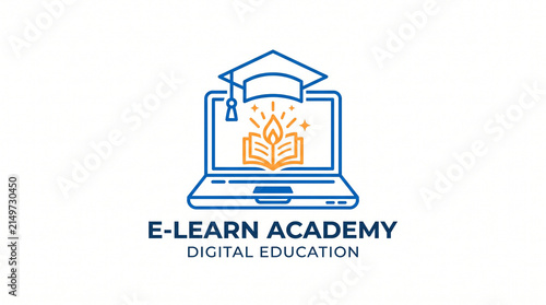 Minimalist digital education logo featuring laptop graduation cap and open book with glowing flame icon with representing online learning showcases clean flat