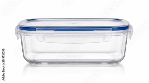 Transparent rectangular food storage container with a vibrant blue secure latching lid, perfect for organizing pantry shelves and refrigerator drawers, offering practical kitchen organization