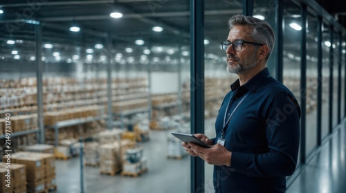 Mature businessman in smart casual attire wearing glasses and holding a tablet while surveying a vast, well-organized distribution center filled with many shelves and numerous packages