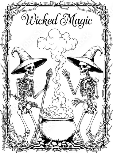Wicked magic illustration featuring two spooky witches with a cauldron in a decorative frame