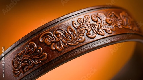 Intricately Designed Brown Leather Strap with Floral Patterns Against a Warm Background