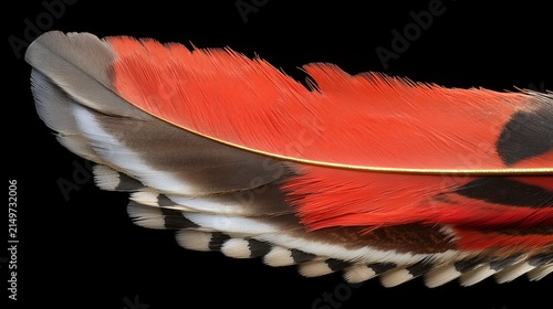 Vibrant Red Feather with Intricate Patterns and Textures on Black Background