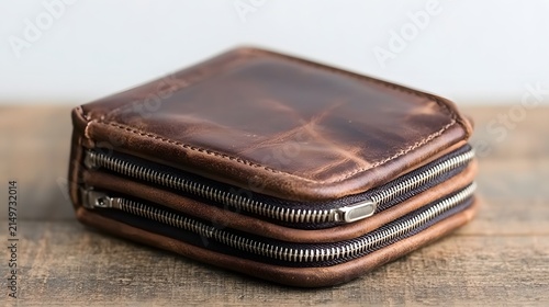 Elegant Brown Leather Zipper Wallet with Multiple Compartments on a Wooden Surface