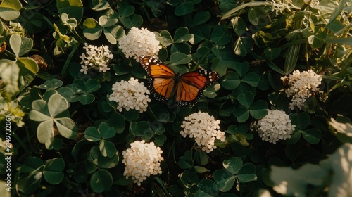 Vibrant Monarch Butterfly Sitting on White Flowers in Green Field