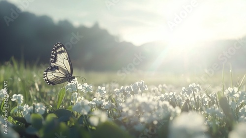 Graceful Butterfly on Flowering Meadow with Soft Sunlight Glow