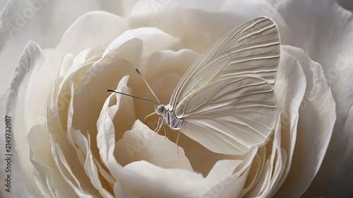 Elegant White Butterfly on Soft White Rose Petals in Natural Light