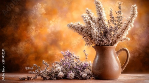 Rustic Floral Arrangement in Brown Jug Against Soft Background