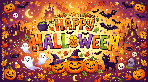 Colorful halloween candy and pumpkin celebration illustration