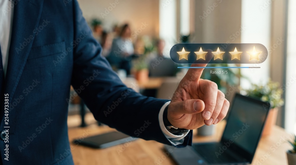 Naklejka premium Five Star Service Experience: A discerning businessman's finger hovers over a glowing five-star rating, symbolizing exceptional customer satisfaction and a commitment to excellence in service.