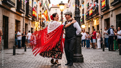 Spanish couple dancing traditional chotis during San Isidro festival in Madrid