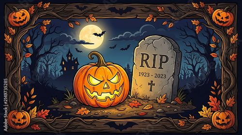 Halloween pumpkins with cat and moon background