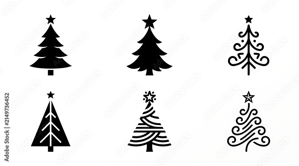 Obraz premium Five stylized christmas tree icons in black and white