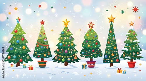 Colorful christmas trees with falling snowflakes