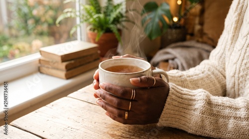 Commercial lifestyle close-up shot of a Black woman holding a white ceramic teacup with a visible tea bag tag, blowing gently on hot tea – cozy morning, coffee shop relaxation, self-care, and hot beve