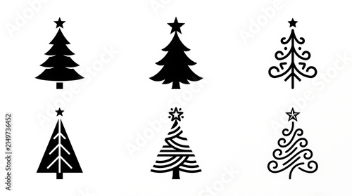 Five stylized christmas tree icons in black and white