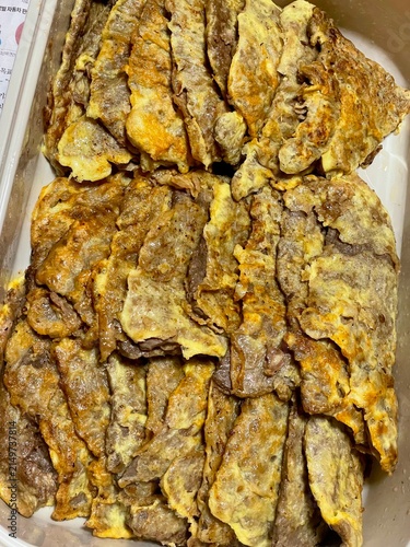 Crispy and savory yukjeon, Korean-style pan-fried battered beef with a golden, flavorful coating. A delicious and tender dish, perfect as a side or snack for a satisfying meal.