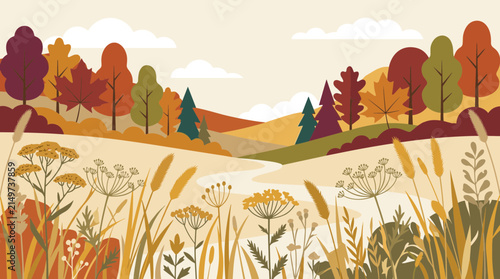 Beautiful autumn landscape illustration with colorful forest trees, hills, and wild meadow flowers in foreground