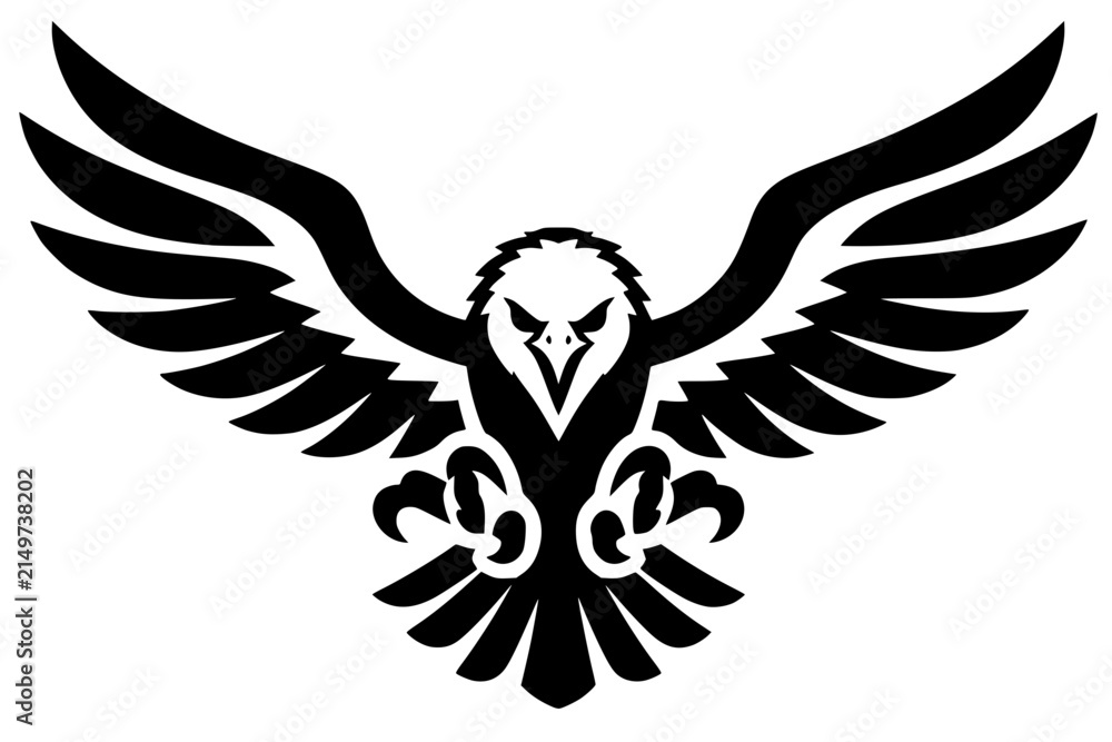 Fototapeta premium Black silhouette of eagle with wide wings and sharp talons. Bold vector artwork symbolizing freedom, courage, and power in a striking graphic style.